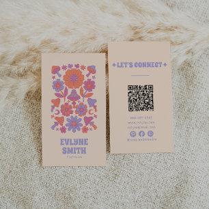 Retro Colourful QR Code Groovy Floral Funky Boho Business Card