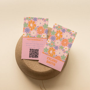 Retro Colourful QR Code Groovy Floral Girly Drawn Business Card