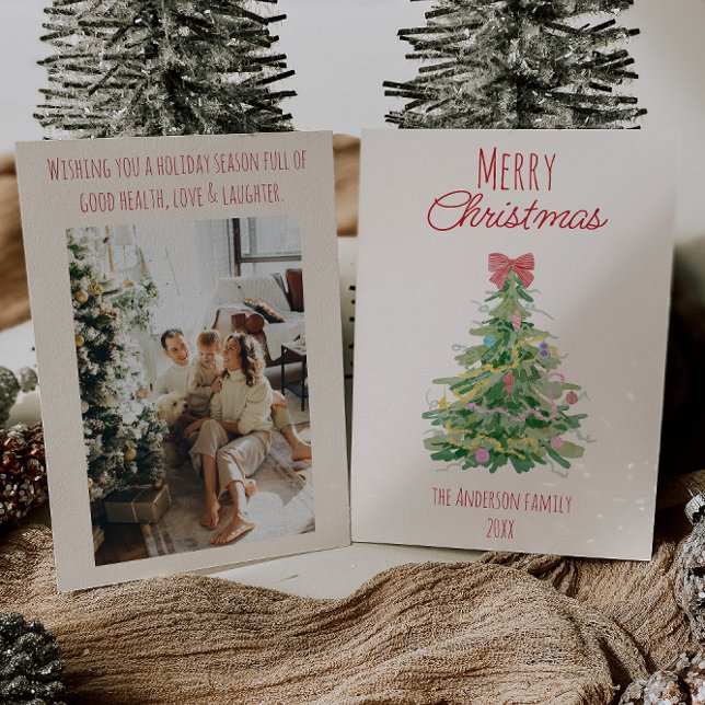 Retro Colourful Quirky Red Green Christmas Bow Tre Holiday Card (Creator Uploaded)