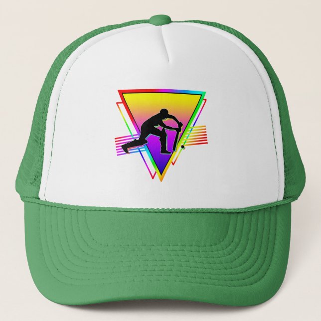 Retro Colourful Rainbow Cricket Player Vintage Trucker Hat (Front)