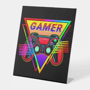 Retro Colourful Rainbow Gamer Computer Gaming  Pedestal Sign