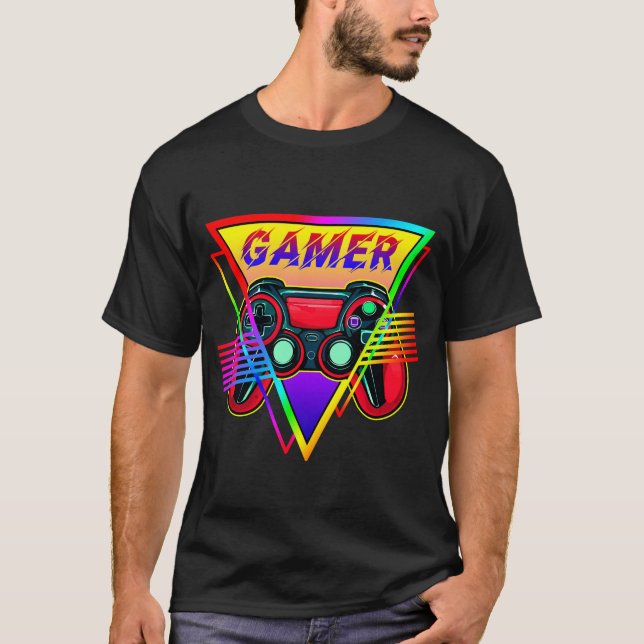 Retro Colourful Rainbow Gamer Computer Gaming  T-Shirt (Front)