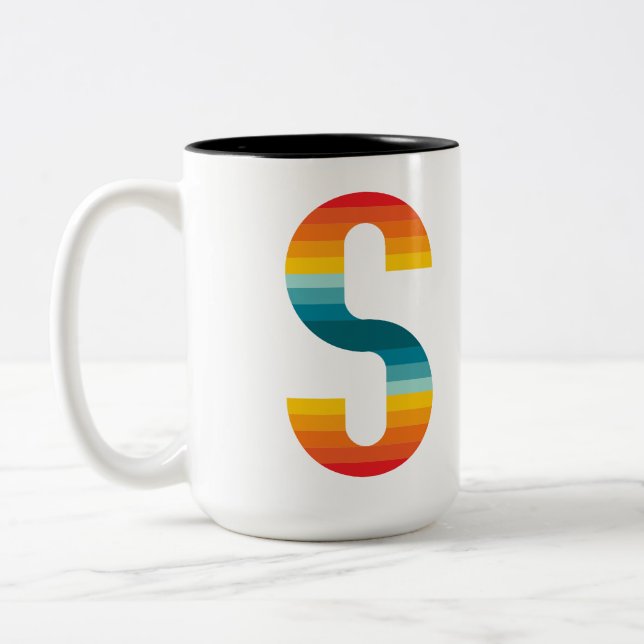 Retro Colourful Rainbow Typography Sunset Letter S Two-Tone Coffee Mug (Left)