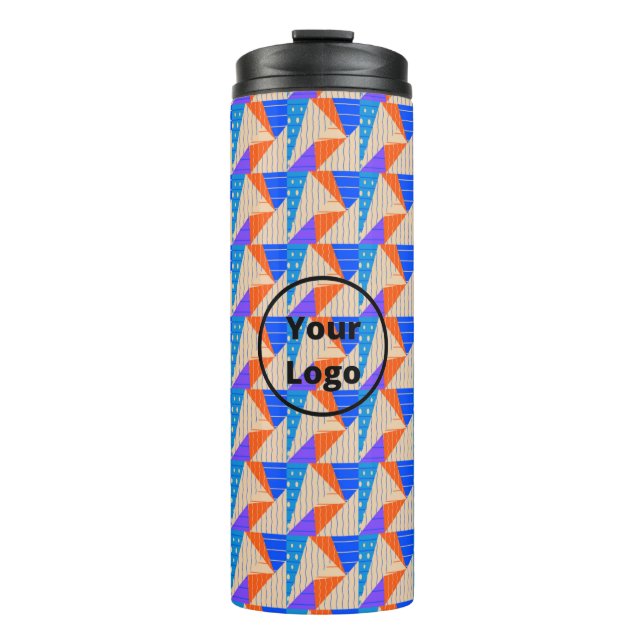 Retro colourful shapes on brown thermal tumbler (Front)