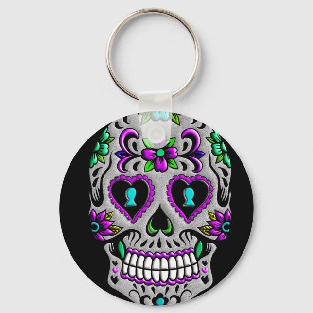 Retro Colourful Sugar Skull Key Ring (Front)