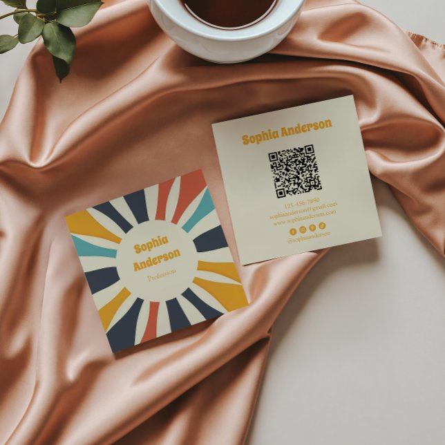 Retro Colourful Sunburst with QR Code - Elegant Square Business Card (Creator Uploaded)