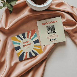 Retro Colourful Sunburst with QR Code - Elegant Square Business Card