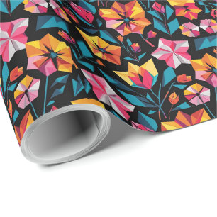 Retro Colourful Trendy Flowers Pattern Birthday pa Wrapping Paper