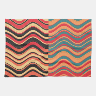 Retro Colourful Waves Abstract Art Tea Towel