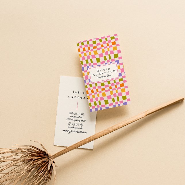 Retro Colourful Wavy Chequered Quirky Boho Girly  Business Card (Creator Uploaded)