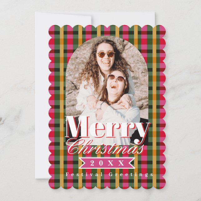 Retro Colours Plaid Christmas Photo  Holiday Card (Front)