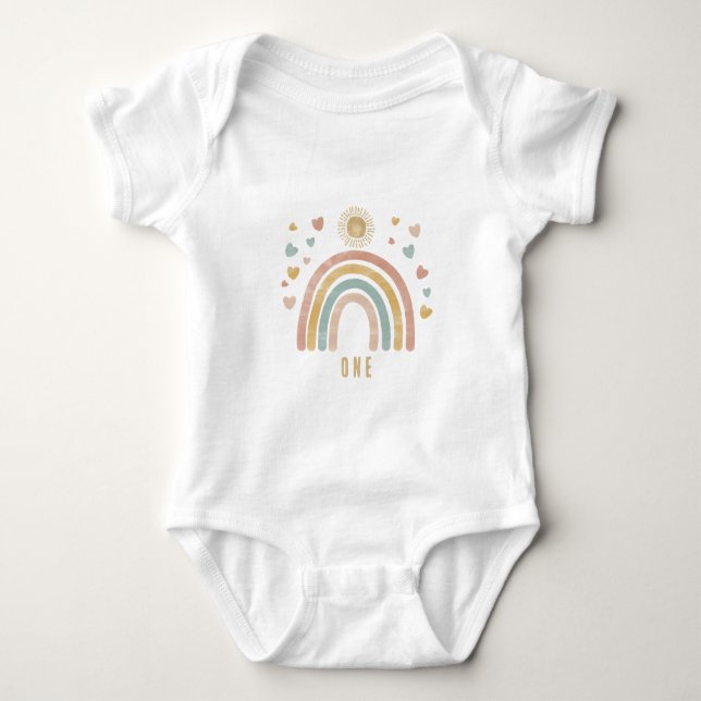 Retro Colours Rainbow and Sun Birthday Age Baby Bodysuit (Front)