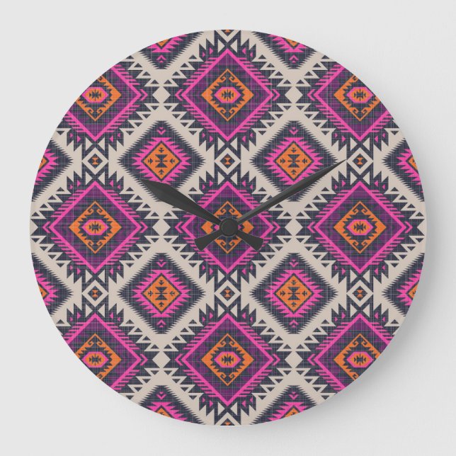 Retro colours, tribal Navajo design. Large Clock (Front)