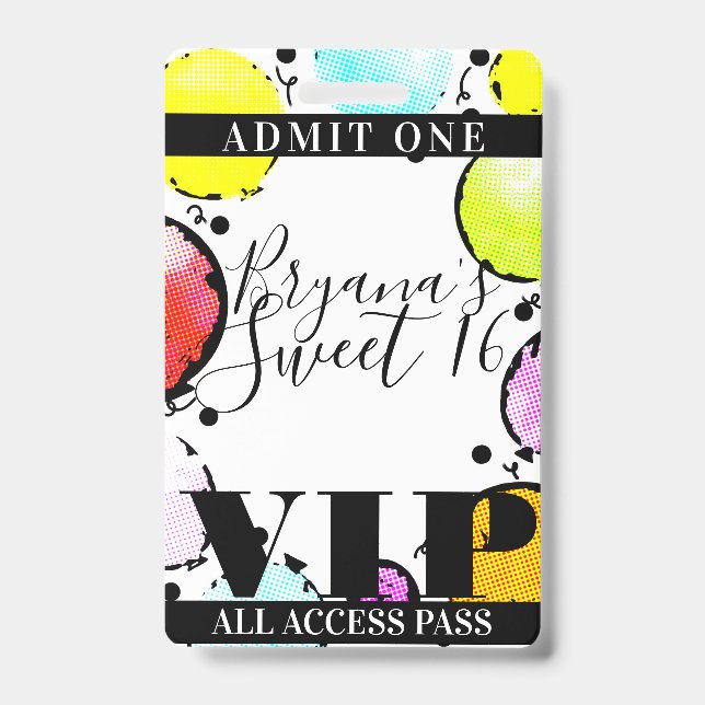 Retro Comic Balloons Sweet 16 Party VIP Pass ID Badge (Front)