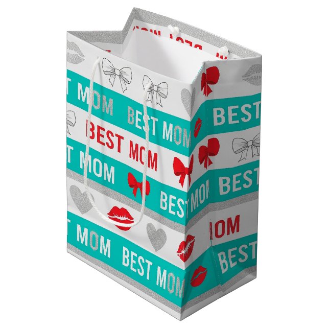 Retro Comic Best Mum Hearts Lips Bow Medium Gift Bag (Front Angled)
