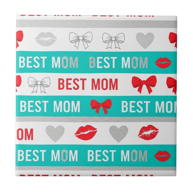 Retro Comic Best Mum Hearts Lips Bow Tile (Front)