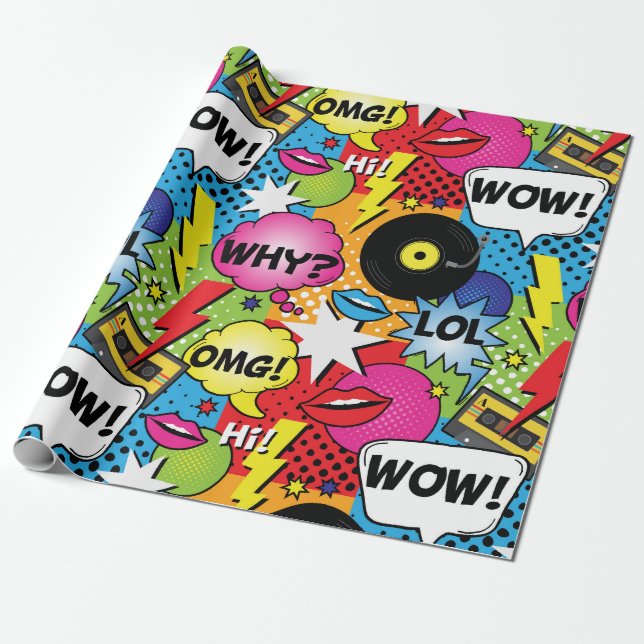 Retro Comic Book Pop Art Kids Birthday Wrapping Paper (Unrolled)