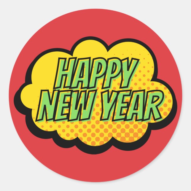Retro Comic Book Style Happy New Year Classic Round Sticker (Front)