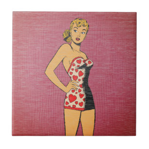 Retro Comic Heart Swimsuit Pinup Tile