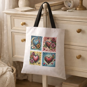 Retro Comic Hearts Vintage Pop Art Style Tote Bag