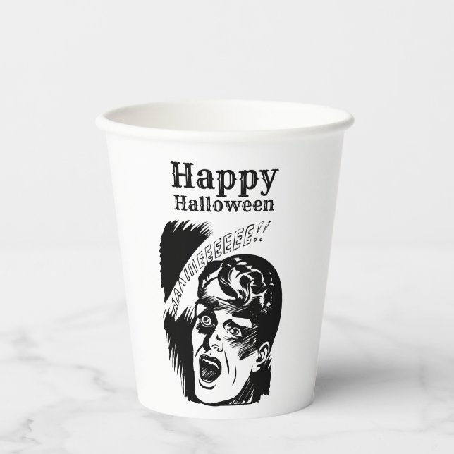 Retro Comic Man Scream Custom Text Halloween Paper Cups (Front)