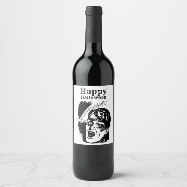Retro Comic Man Scream Custom Text Halloween Wine Label (Front)