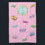 Retro Comic Pink Pop Art Fun Baking Pastry Chef Tea Towel<br><div class="desc">Retro and fun Kitchen Towel with cartoon inspired design in pastel pink, blue and yellow, perfect to use for bakers, pastry chefs or anyone who enjoys cooking as a finishing touch in your workspace. Featuring nostalgic comic graphics and vibrant colours with space for your custom name or bakery logo. Use...</div>