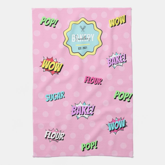 Retro Comic Pink Pop Art Fun Baking Pastry Chef Tea Towel (Vertical)