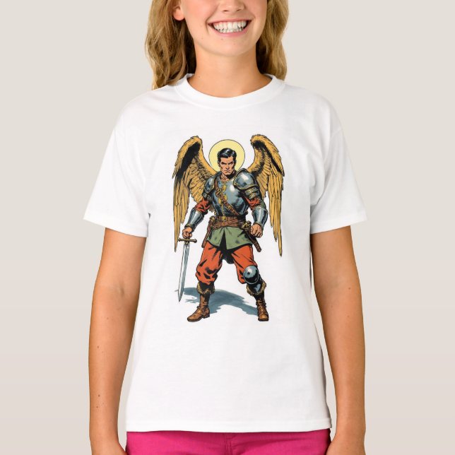 Retro Comic Style St Michael Girl's Tee Shirt (Front)