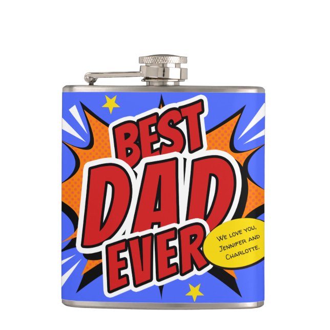 Retro Comic Superhero Best Dad Ever Hip Flask (Front)