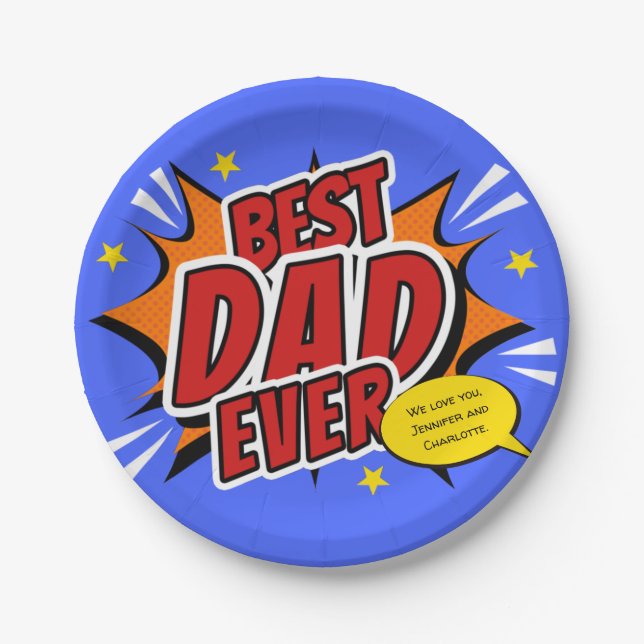 Retro Comic Superhero Best Dad Ever Paper Plate (Front)
