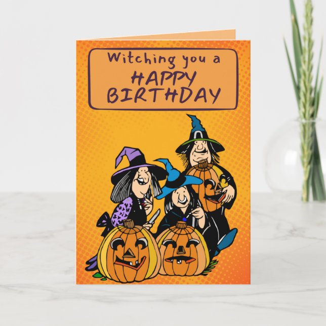 Retro Comic Witches Halloween Birthday Card (Front)