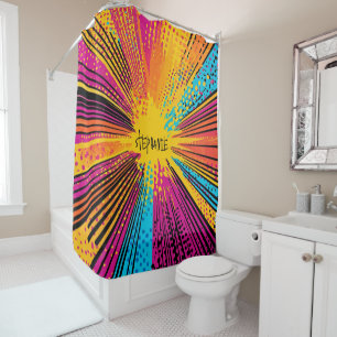 Retro Comic Yellow Explosion Red Blue Shower Curtain