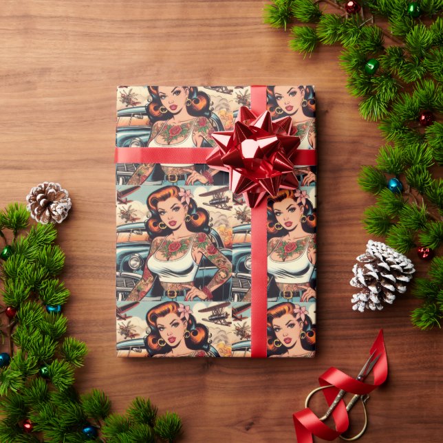 Retro Comics Tattoo Girl Wrapping Paper (Holiday Gift)