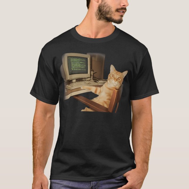 Retro Computer Cat Funny Science T-Shirt (Front)