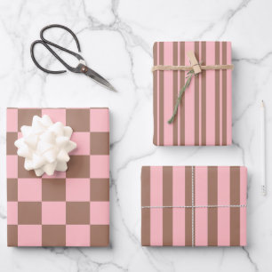Retro Contemporary Mocha Brown and Pink Patterns Wrapping Paper Sheet