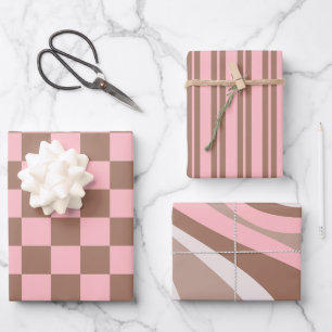 Retro Contemporary Mocha Brown and Pink Patterns Wrapping Paper Sheet