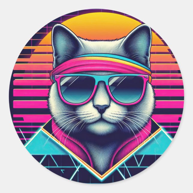 Retro Cool Cat Classic Round Sticker (Front)