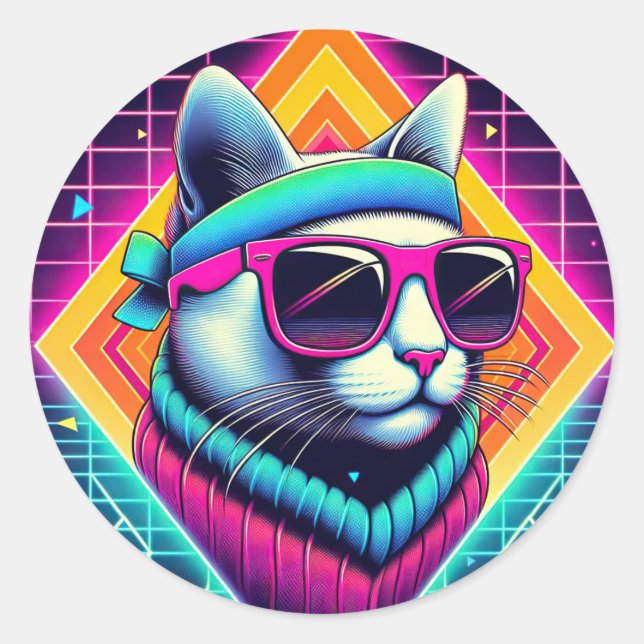 Retro Cool Cat Classic Round Sticker (Front)