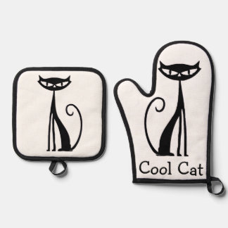 Retro “Cool Cat” Oven Mitt & Potholder Set