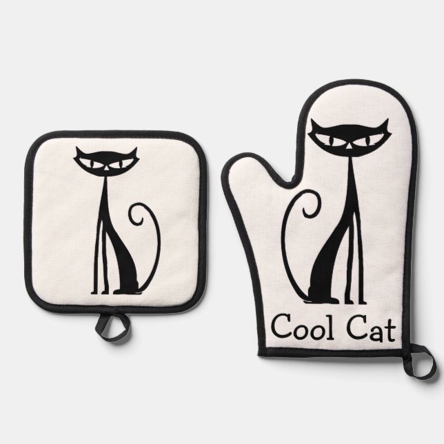 Retro “Cool Cat” Oven Mitt & Potholder Set (Front)