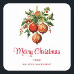 Retro Cool Christmas Tree Decorations Square Sticker<br><div class="desc">Stickers with a vintage style illustration. 3 red Christmas baubles surrounded by green holly and berries. Stylish retro design.</div>