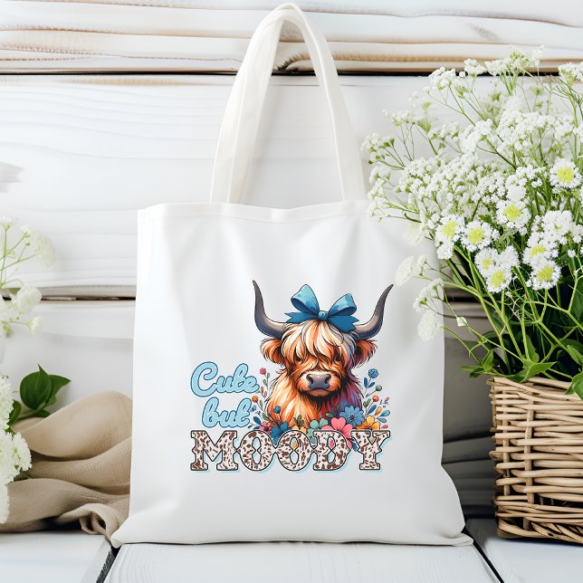 Retro Cool Highland Cow "Cute but Moody" Blue Tote Bag (Creator Uploaded)