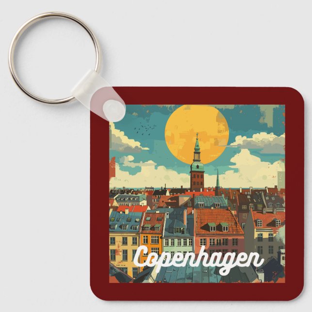 Retro Copenhagen Skyline  Key Ring (Front)