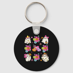 Retro Coquette Boo Ghost Bow Pumpkin Flowers Hallo Key Ring