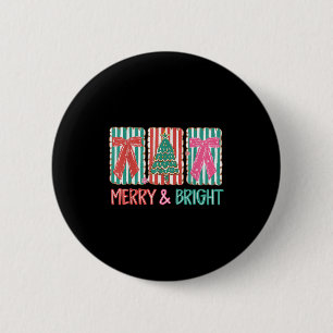 Retro Coquette Bow Merry And Bright Christmas Tree 6 Cm Round Badge