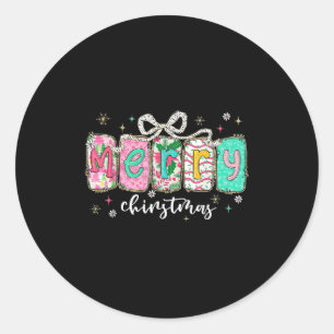 Retro Coquette Bow Merry Christmas Holiday Funny F Classic Round Sticker