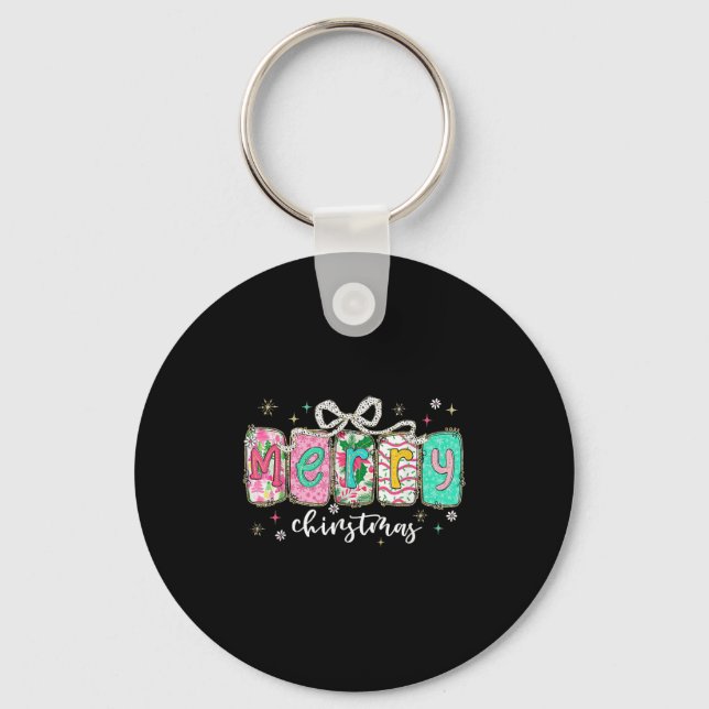 Retro Coquette Bow Merry Christmas Holiday Funny F Key Ring (Front)