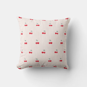 Retro Coquette Red Cherries & Pinstripe Sweetheart Cushion