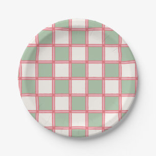 Retro Coral and Green Checkers Paper Plate